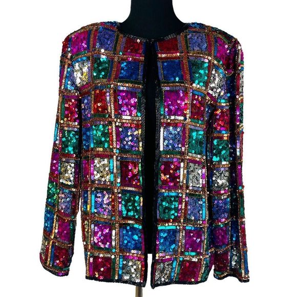 Vintage Rina Z Beaded Sequin Jacket 100% Silk Window Pane Boxy Cardigan … - Picture 1 of 14